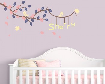 Branch with Birds Leaves Flowers Customized Name Nursery Customized Stickers